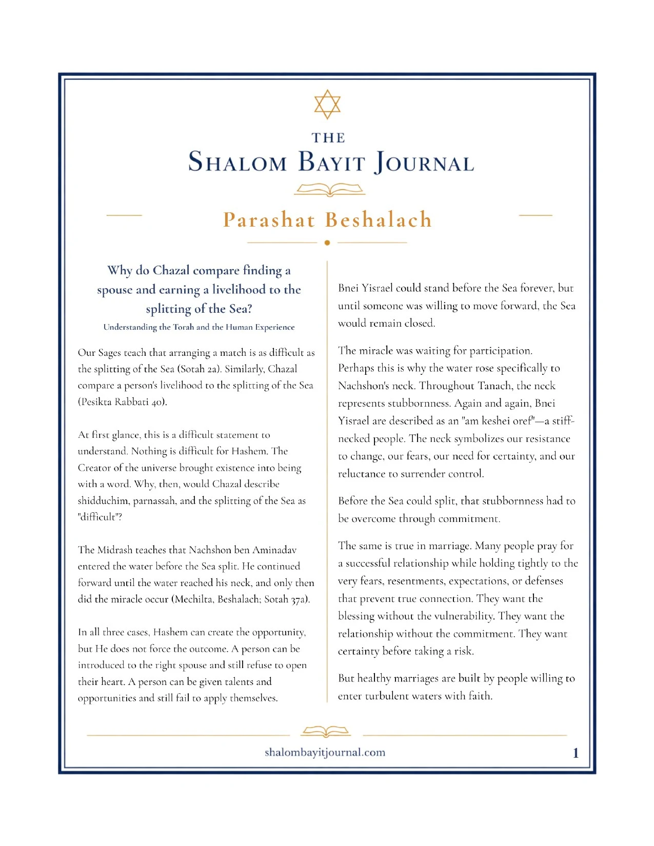 Why Do Chazal Compare Finding a Spouse and Earning a Livelihood to the Splitting of the Sea?, page 1